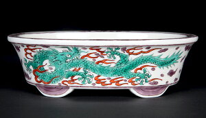 盆栽鉢 植木鉢 「平安泉山五彩雲龍図楕円鉢」 絵付 絵鉢 清水焼 京焼 6号 18cm 共箱 保証書付き 小品盆栽 ミニ盆栽に最適 【送料無料】