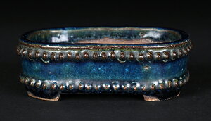 盆栽鉢 植木鉢 「東福寺瑠璃釉窯変鋲打長方鉢」 初代 平安東福寺 盆器 作家鉢 3号 9cm 青 紺 ネイビー 雑木 小品 ミニ盆栽に最適 現品限り 【送料無料】