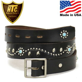 正規取扱店 HTC(Hollywood Trading Company) Belt #SN-32 Turquoise 1.25 W/End 1.25インチ ベルト ブラックレザーxシルバースタッズxターコイズ