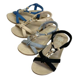 【残り僅か】ビジュー付フラットサンダル サンダル ぺたんこ フラットソール クロス ビジュー ゴールド ストーン リゾート ビーチ 夏サンダル ゴムベルト 軽量 履きやすい