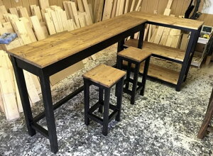 天然木 L字 カウンターテーブル & スツール 完成品(組み立て無し) 職人手作り 一点物 幅1500mm×奥行き360mm×高さ800mm ハンドメイド カフェカウンター