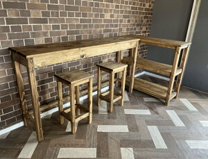 天然木 L字 カウンターテーブル & スツール 完成品(組み立て無し) 職人手作り 一点物 幅1500mm×奥行き360mm×高さ800mm ハンドメイド カフェカウンター