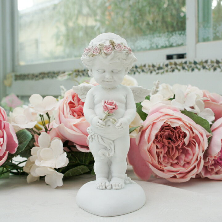 楽天市場】一輪の薔薇エンジェルオブジェ 天使 置物 ピンク ホワイト 