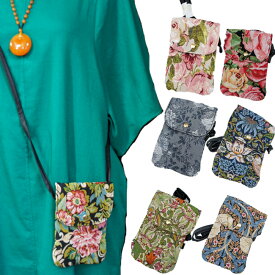 スマホショルダー 携帯ポシェット ゴブラン ローズ ボタニカル ブラック ネイビー レッド