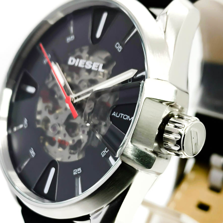DIESEL ディーゼル メンズ ラウンド メカニカルウォッチ 自動巻き 5気圧防水 革ベルト ブラック スケルトン レザー 腕時計 オープンハート  DZ1966 メンズ腕時計