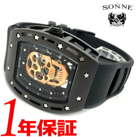 【あす楽 送料無料】SONNE メンズ クォーツ 腕時計 トノー型 日常生活防水 スケルトンバック ラバーベルト ブラック S160BK-BK