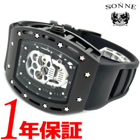 【あす楽 送料無料】SONNE メンズ クォーツ 腕時計 トノー型 日常生活防水 スケルトンバック ラバーベルト ブラック S160BK-BKSV