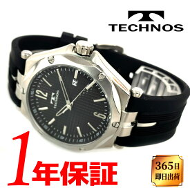 【あす楽 送料無料】 TECHNOS テクノス メンズ クォーツ 腕時計 ラウンド 10気圧防水 カレンダー ラバーベルト ブラック シルバー T8B66SB
