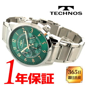 【あす楽 送料無料】 TECHNOS テクノス メンズ クォーツ 腕時計 ラウンド 日常生活防水 ステンレススチール クロノグラフ アナログ グリーン ゴールド シルバー T9B61SM