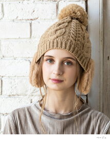 ニット帽 レディース 冬 帽子 防寒 耳当て 耳当て付き 小顔効果 ケーブル編み ふわふわ 大きいサイズ フェイクファー ボンボン 56-64cm【耳あてポンポンヘザーニット】 gim