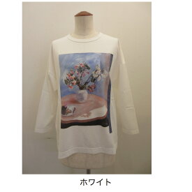 KEI Hayama PLUS(ケイハヤマプリュス) ジュンイイダイラストプリント七分袖Tシャツ：ホワイト／グレー