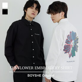 ひまわり刺繍シャツ シャツ レディース Sunflower Shirt【White/Black】 レギュラーカラー 白シャツ 黒シャツ ホワイトシャツ ブラックシャツ トップス オールシーズン 刺繍 ひまわり バックプリント ストレッチ 軽量 アイロン掛け不要 お手入れ簡単 送料無料