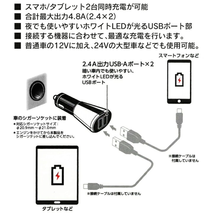 USBシガーソケット 2ポート 急速充電 車用ホワイト