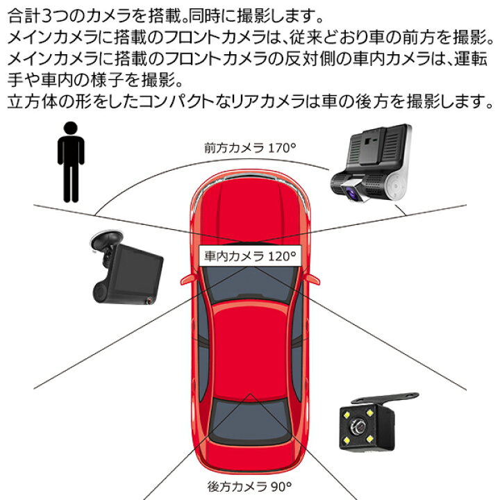 楽天市場 送料無料 3つのカメラで撮影 ドライブレコーダー 前後 車内 1080p フルハイビジョン 録画 フロントカメラ 車内カメラ リアカメラ 後方録画 動体検知 自動録画 3点セット Microsdカード対応 あおり運転 ドラレコ 新免 安心 カー用品 送料込 3カメラdr