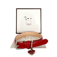 COACH コーチ ハート型チャーム ドッグカラー 首輪 レザー ホワイトステッチ レッド シルバー金具 4000 …