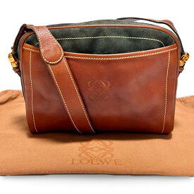 LOEWE ロエベ アナグラム レザー スエード ショルダーバッグ クロスボディーバッグ ブラウン カーキ【中古】【鑑定済み】