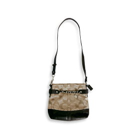 COACH コーチ シグネチャー チェーン ダッフル キャンバス レザー ショルダーバッグ ブラウン ベージュ レディース【中古】【鑑定済み】