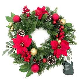 Branch Trees® クリスマスリース 直径40cm 赤い実・本物松ぼっくり・赤い花・オーナメント付 8パターン点灯LEDライト搭載（20球）