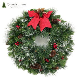 Branch Trees® 高級 クリスマスリース 直径60cm 赤い実と本物松ぼっくり付き モミとマツの2種類構成 8パターン点灯 LEDライト付（40球）WR23-012-LED-T