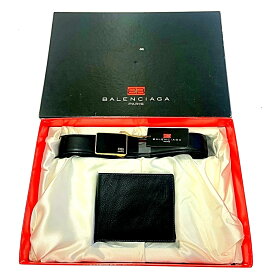 【中古】【箱付き】 BALENCIAGA バレンシアガ レザー 二つ折り財布 ベルト セット メンズ ブラック 156460 二つ折り財布