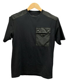 【美品】PRADA プラダ Tシャツ 半袖 UJN603 19年 ロゴ 胸ポケ ナイロン コットン ブラック XS