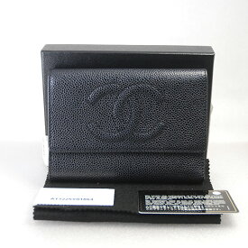 シャネル ココマーク キャビアスキン 三つ折り財布 ブラック 00V 小銭入れあり【中古】