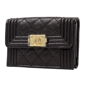 送料無料 本物　人気 CHANEL シャネル ボーイシャネル コンパクトウォレット ブラック キャビアスキン A84432 ミニ財布 レディース カード 813-1