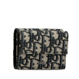 中古 クリスチャンディオール 財布 三つ折り財布 トロッター ジャガード コンパクト財布 ABランク ネイビー Dior あす楽 【送料無料】【西神店】