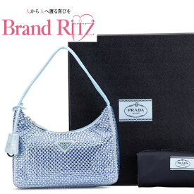 中古 美品 Sランク プラダ リエディション コレクション Re-Edition 2000 三角ロゴプレート ミニ ハンドバッグ ワンショルダーバッグ ライトブルー サテン ラインストーン レザー レディース PRADA あす楽【送料無料】【西神店】