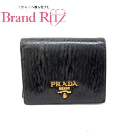 中古 プラダ 財布 ウォレット 二つ折り財布 コンパクトウォレット Bランク レザー ブラック ゴールド レディース PRADA あす楽【送料無料】【名谷店】