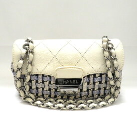 中古 シャネル チェーンショルダーバッグ ツイード レザー Bランク マルチカラー ホワイト Wチェーン CHANEL あす楽【送料無料】【三田店】