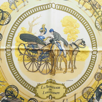 【ほぼ新品】エルメスLaPromenadeDeLongchamps「ロンシャンへの散歩」柄カレ90【レディーススカーフ】【中古】