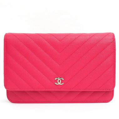 【中古】【美品】シャネルVステッチチェーンウォレットポシェットシルバー金具ココマークA33814【長財布】