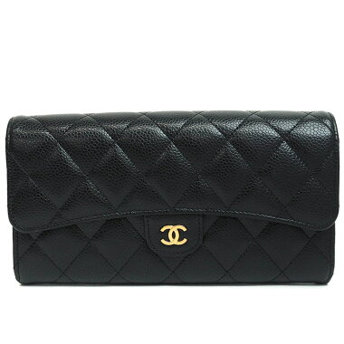 [Used] [Beauty] Chanel Matrasse Line CC Logo Folded Flap Wallet Gold Metal Fittings Coco Mark A80758 [Long Wallet]