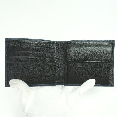 【中古】【未使用品・新古品】プラダ折りたたみ財布ロゴガンメタル金具サフィアーノビコローレ2MO738【二つ折り財布】