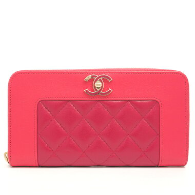 【GOODA掲載】【新入荷商品】【中古】【美品】CCココマークマトラッセキルティングラウンドファスナーゴールド金具マドモアゼルA80969【長財布】