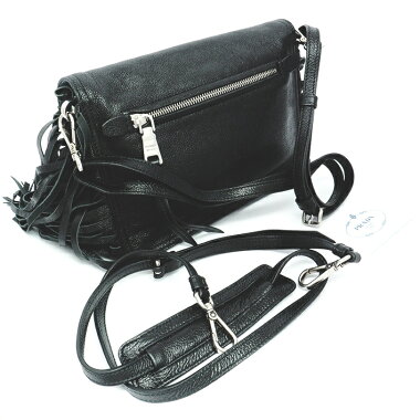 【中古】プラダ2WAYフリンジバッグ斜め掛けアンティークシルバー金具エティケット1BD082【ショルダーバッグ】【GOODA掲載】【美品】