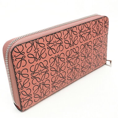 【美品】ロエベエンボスジップアラウンドウォレットシルバー金具アナグラム107N55GF13【長財布】