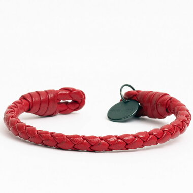 BOTTEGAVENETA Bottega Veneta Logo Plate Intrecciato Leather Bangle Bracelet Red Color Plated [Used] Bangle