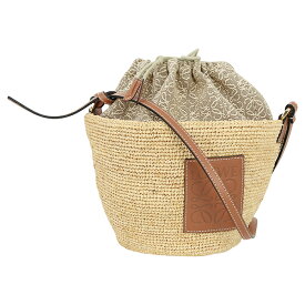 【美品】 ロエベ ショルダーバッグ ポシェットバッグ ラフィア アナグラム ジャカード カーフレザー ナチュラル タン かごバッグ ドローストリング LOEWE ロエベ クロスボディバッグ レディース 巾着バッグ ミニバッグ カゴバッグ キャンバス バック BAG ブランド 中古