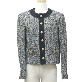 セリーヌ ジャケット ノーカラー レディース 34サイズ ツイード ブラック ホワイト 2021年 CELINE アウター レディースジャケット キレイ目 シンプル カジュアル フォーマル 洋服 アパレル ブランド 美品 中古