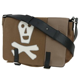 【美品】 ロエベ ショルダーバッグ ミリタリーメッセンジャーバッグ スカル キャンバス カーフレザー ブラウン ブラック 黒 LOEWE ロエベ クロスボディバッグ メンズ レディース 本革 フラップバッグ バック BAG ブランド 中古