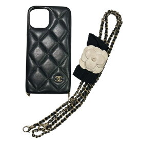 【中古】 CHANEL シャネル マトラッセ ココマーク スマホケース iPhoneケース カメリア チェーン付き 12pro ラムスキン 黒 レディース 25032454 SA
