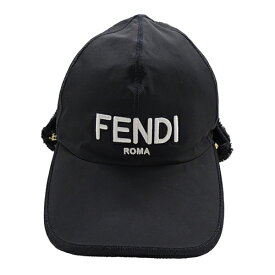 【全品5％OFF！24日20時～】フェンディ FENDI キャップ レディース メンズ ブランド 帽子 フライトキャップ ナイロン ブラック FXQ679 Sサイズ ボア 取外し可能 ロゴ【中古】