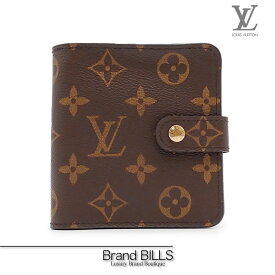 未使用品 LOUIS VUITTON ルイ ヴィトン コンパクトジップ 折り財布 M61667 モノグラム ブラウン ゴールド金具 送料無料 【中古】
