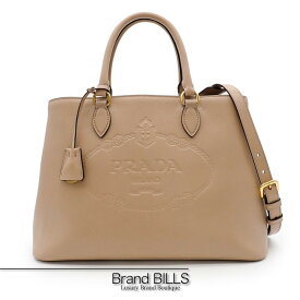 未使用品 PRADA プラダ エンボスロゴ 2wayバッグ ハンドバッグ ショルダーバッグ 1BA579 GLACE CALF カメオ ベージュ レディース 【中古】