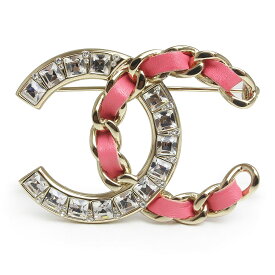 【新品・未使用品】シャネル CHANEL ココマーク チェーン スクエア ラインストーン ブローチ レザー メタル ピンク ゴールド AB0025