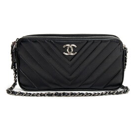 【未使用　展示品】シャネル CHANEL Vステッチ シェブロン チェーンウォレット 長財布 ミニショルダーバッグ ラムスキン レザー ブラック 黒 シルバー金具 A82527 箱付