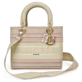 【新品・未使用品】クリスチャンディオール Christian Dior レディ ディオール ショルダー ハンドバッグ キャンバス 刺繍 横縞 ストライプ マルチカラー グレージュ シルバーゴールド金具