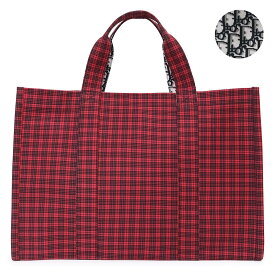 【未使用　展示品】クリスチャンディオール Christian Dior ディオールダブル トート ハンドバッグ キャンバス チェック 格子 オブリーク レッド ブラック 赤 黒 M1710ZTET